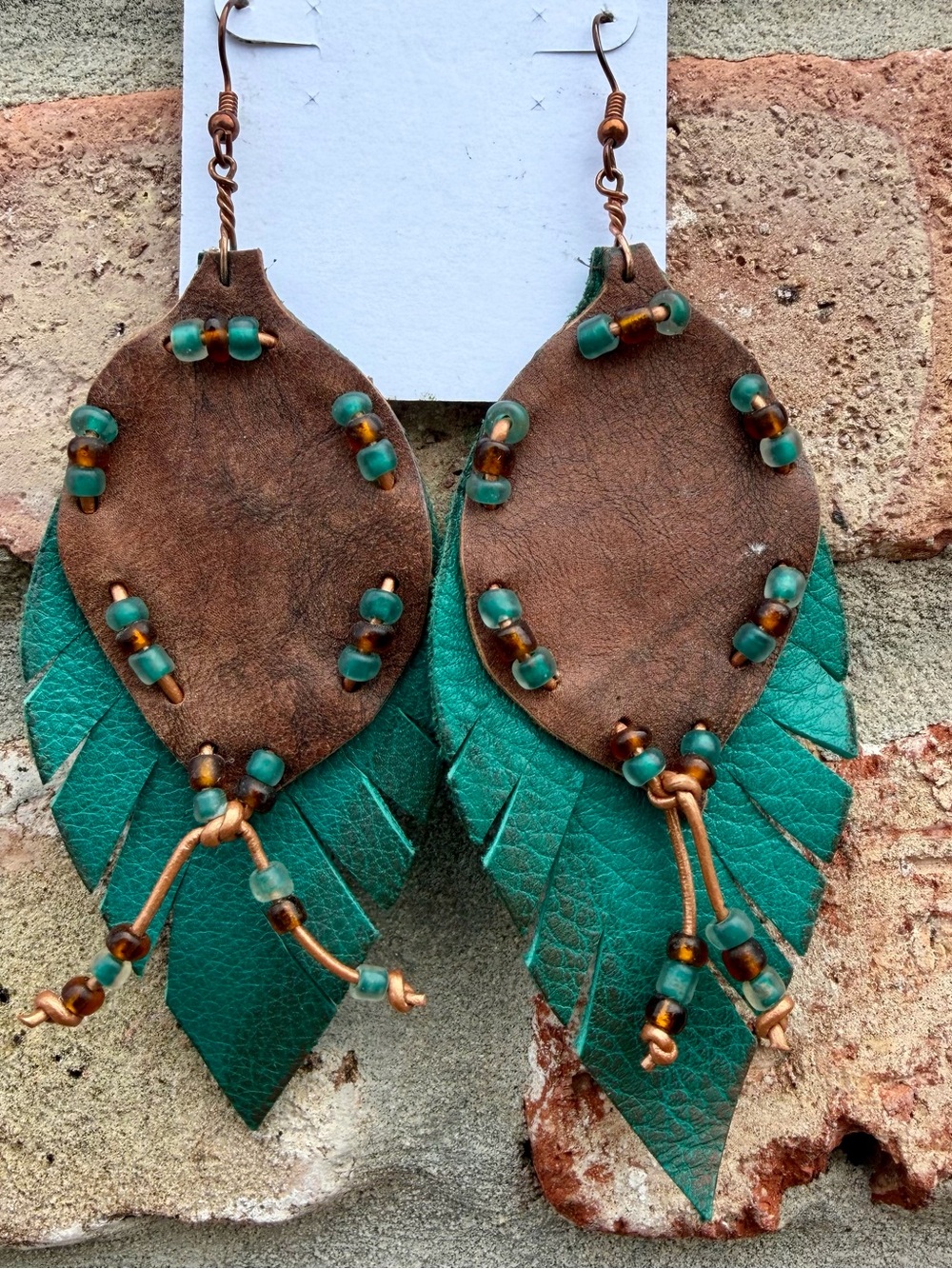 Handmade Teal and Brown Leather Feather Drop Earrings